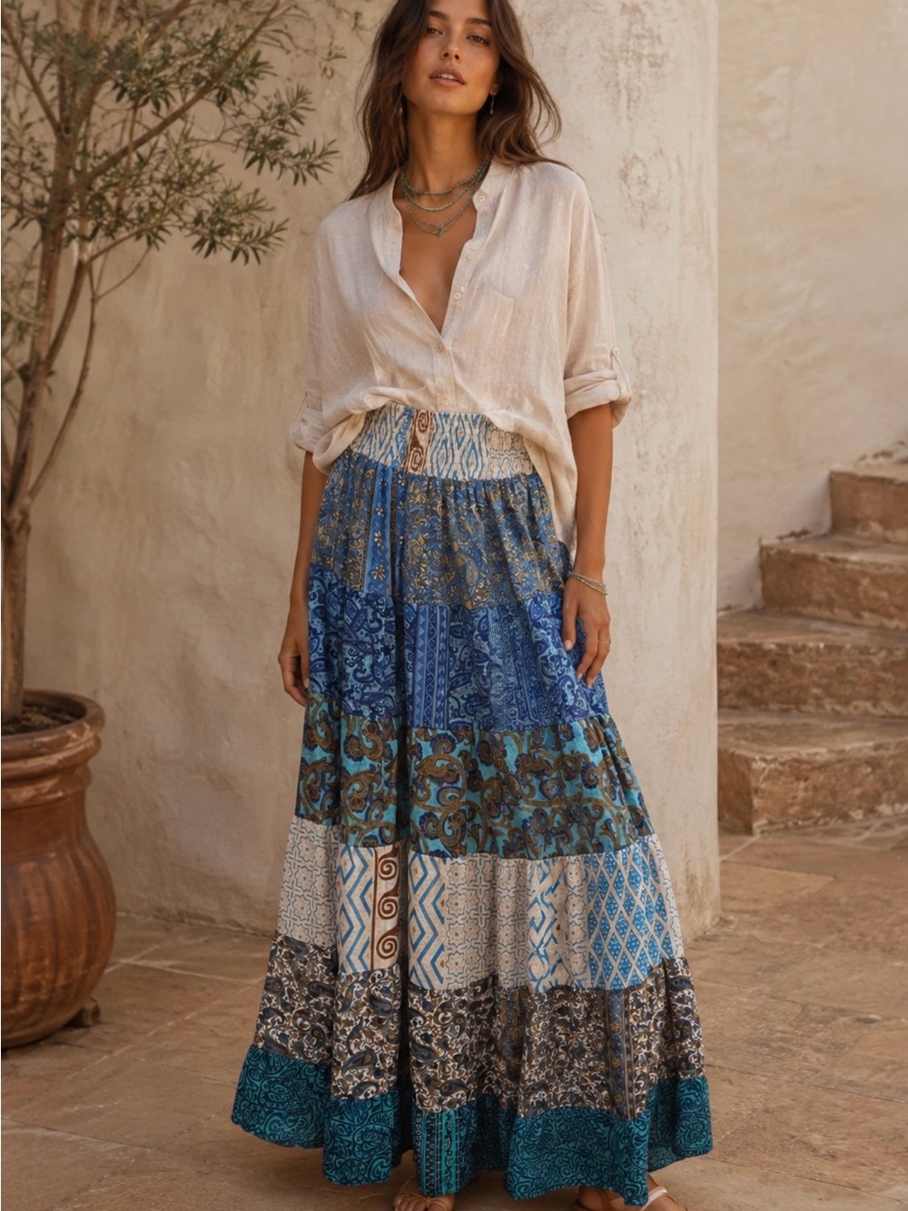 Boho Tiered Patchwork Maxi Skirt in Blue